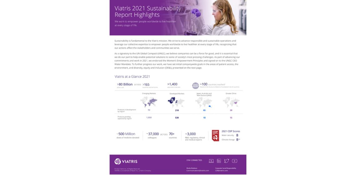 Viatris pubblica il Report di Sostenibilità 2021